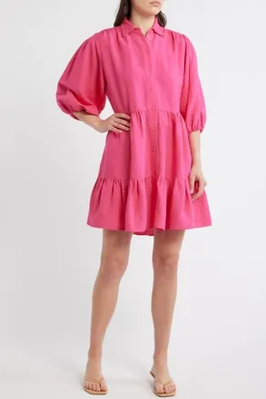 Boss Orange by Hugo Boss Linen Blend Balloon Sleeve Dress in Magenta at Nordstrom, Size 10