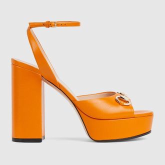 Gucci Womens Horsebit Platform Sandal, Orange, Leather