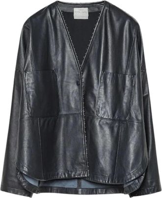 Forte_Forte Kimono Jas met Kralen - Dames - Leren en Su&egrave;de Jassen - Zwart - S - Leer - Jassen