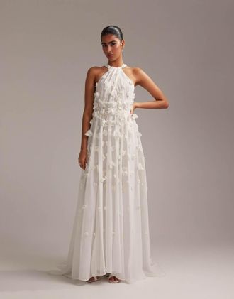 Asos 3D floral statement halter maxi wedding dress in ivory-White