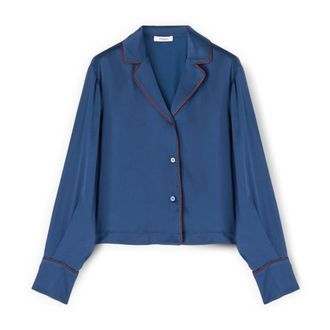 Motivi Overhemden, Dames, Blauw, S, Satijn, Korte satijnen blouse met contrasterende bies