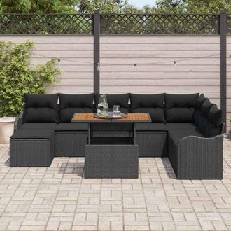 vidaXL Conjunto De Sof&aacute; De Jard&iacute;n 9 Pcs Negro Polirat&aacute;n