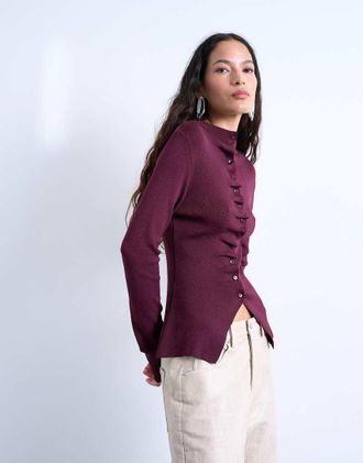 Topshop Top a maniche lunghe in maglia viola prugna con volant e bottoni