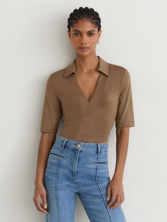 Reiss Taupe Brown Jersey Half-zip Polo Top, 10