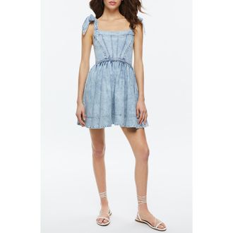 Alice & Olivia Amina Corset Denim Fit & Flare Minidress in Fae Ultra Light Blue at Nordstrom Rack, Size 12