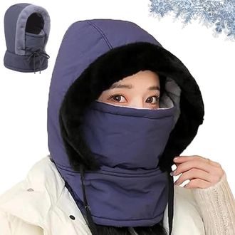 Generic Plush-Lined Thickened Thermal Hat with Face Mask for Men & Women, 3-in-1 Windproof Warm Hood, Unisex Ski Fleece Winter Cold Protection (Navy Blue)