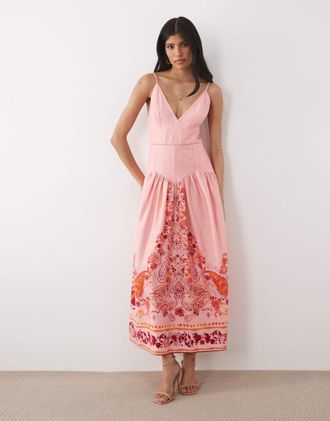 Hope & Ivy Vestito lungo con spalline sottili e scollo a V rosa con stampa