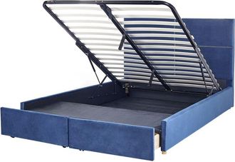 Beliani Cama Con Somier De Terciopelo Azul Dorado 180 X 200 Cm Almacenaje Vernoyes