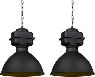 QAZQA Industrial Set De 2 L&aacute;mparas Colgantes Industriales Peque&ntilde;as Negro Mate - Sicko Acero Redonda Adecuado Para Led Max. 2 X 60 Watt - Qazqa