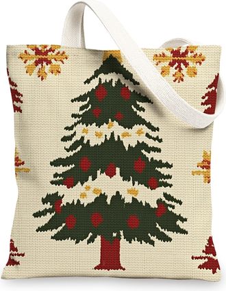 Generic Knitting Theme Christmas Tree Canvas Tote Bag for Shopping 13x15, Retro Modern Xmas Reusable Grocery Print Pattern Bag for Women Men, Holiday New Year