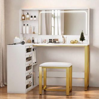 OEM Espejo De Maquillaje Led Blanco Moderno Con 3 Luces, 5 Cajones Transparentes Y Taburete - Tocador Para Chica Adulta