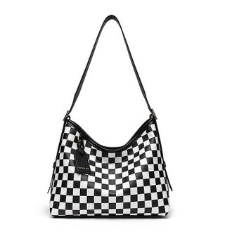Generic Checkered Shoulder Bag Black and White PU Leather Tote Bag for Women Travel Work (style 2)