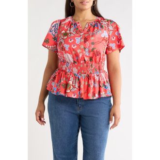 Sugarlips Amania Floral Sarina Smocked Top in Coral-Blue at Nordstrom, Size 1X