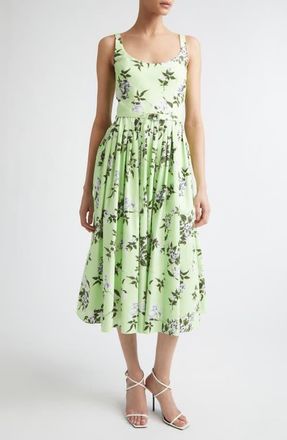 Emilia Wickstead Eglantine Belted Midi Dress in Green-Lilac Lillies/Cherry at Nordstrom, Size 12 Us