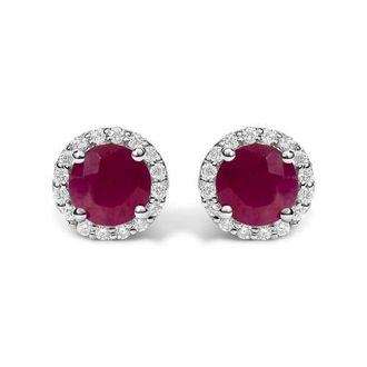 House of Brilliance 10K Gold Gemstone and 1/6 Cttw Diamond Halo Stud Earring in White | Red Ruby at Nordstrom