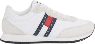 Tommy Jeans Heren TJM Classic hardloopschoenen van leer met vlaglogo (Wit, Marine, Rood)