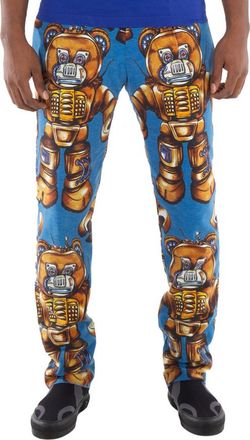Moschino Blue Allover Robot Print Cotton Trousers, Brand Size 44 (Waist Size 29)
