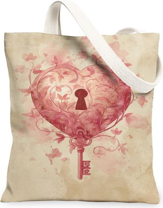 Generic Vintage Artistic Canvas Tote Bag, Heart Key Floral Design Reusable Shopping Bags, Lightweight Washable Shoulder Strap Tote, Peach, 13x15 Inch