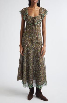 Siedres Caenes Ruffle Chiffon Midi Dress in Blue Multi at Nordstrom, Size 8 Us