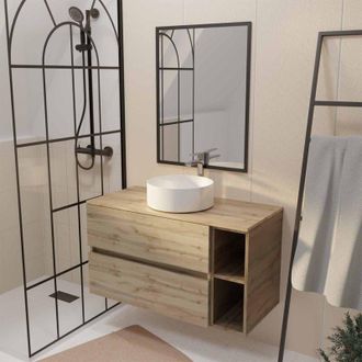 Aurlane Aurlane - Mueble De Ba&ntilde;o 100 Decoraci&oacute;n Roble, 2 Cajones, Lavabo Blanco, Espejo 60x80