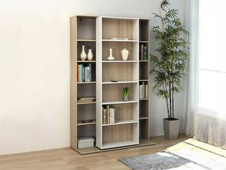 Vente-Unique 18 - Compartment Sliding Bookshelf - Natural & White - PRALI in Light Oak