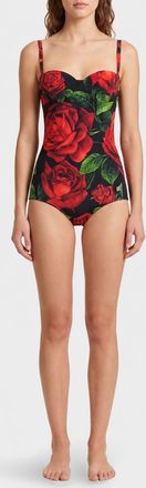 Dolce & Gabbana Floral Print Corset One-Piece Swimsuit with Sweetheart Neckline