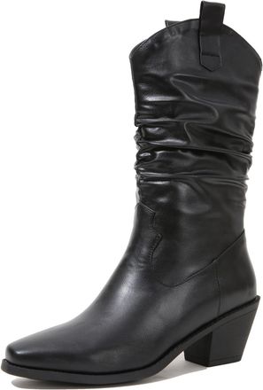 Generic Womens Slouchy Pointed Toe Faux Leather Cowboy Mid Calf Boots Chunky Heel Stylish Comfortable Slip Resistant Wear Resistant For Fashion Party Daily,Bl