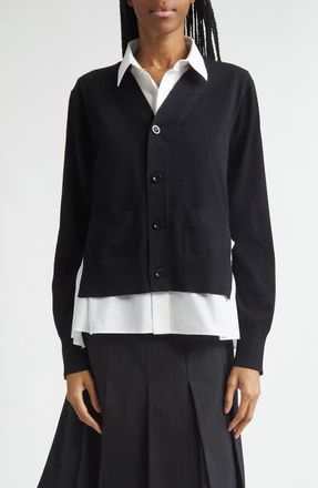 sacai Mixed Media Poplin & Knit Cardigan in Black/Off White at Nordstrom, Size 1