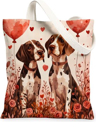 Generic Valentines Day German Shorthaired Pointer Dog Canvas Tote Bag for Shopping 13x15, Fun Couple Puppy Reusable Grocery Print Pattern Bag for Women, Lover