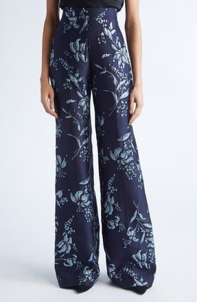 Lela Rose Metallic Floral Brocade Wide Leg Pants in Navy at Nordstrom, Size 14