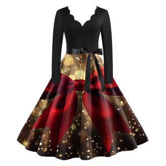 Generic Women Christmas Dress Multi Colored Vintage Printed Holiday V Neck Long Sleeve Cocktail Dress Red Christmas Dresses for Women Jumper Womens Vintage a 