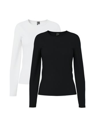 Pieces Langarmshirt PIECES PCAMELIA LS TOP 2-PACK JRS NOOS BC, Damen, Gr. XXL, schwarz pack:2 pack schwarz, hellwei&szlig;, Jersey, Obermaterial: 95% Baumwolle, 5%