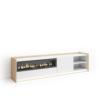 Skraut Home Skraut Home - Mueble Tv, Televisi&oacute;n, Muebles De Sal&oacute;n, Almacenaje, 207x37x50cm, Para Tv Hasta 80, Chimenea El&eacute;ctrica, Led, Estilo Moderno, Blanco Y Ro