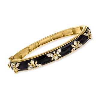 Ross-Simons White Topaz and Black Enamel Bumblebee Bangle Bracelet in 18kt Gold Over Sterling