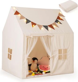 Costway Costway - Tenda per Bambini con Luci Fatate e Bandierine, Tenda Casetta da Gioco con Porta e 2 Finestre, Tenda Gioco con Tappetino Imbottito, per