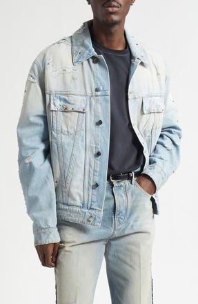 Amiri Crystal Studded Bones Denim Trucker Jacket in Perfect Antique Indigo at Nordstrom, Size Xxx-Large