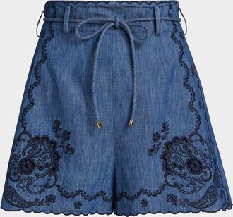 Zimmermann Aster Embroidered Denim Shorts