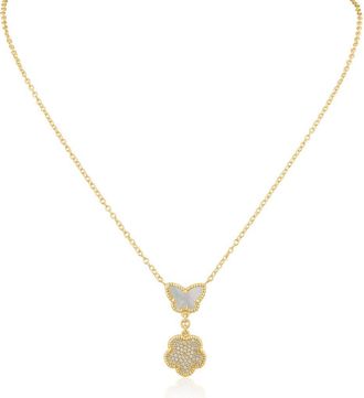 Kenneth Jay Lane CZ Pav&eacute; Butterfly & Clover Drop Pendant Necklace in Mother Of Pearl/gold at Nordstrom Rack