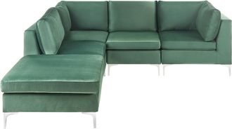 Beliani Sof&aacute; Esquinero 4 Plazas De Terciopelo Verde Derecho Con Otomana Asiento Patas Metal Evja