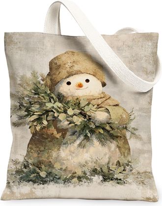 Generic Winter Snow Man Canvas Tote Bags, Vintage Rustic Holiday Design Reusable Grocery Bags, Lightweight Washable Shoulder Strap, Beige, 13x15 Inch