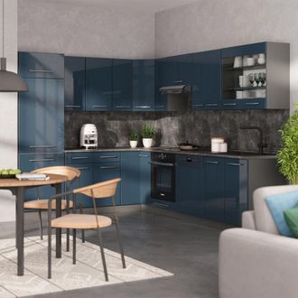 Vicco Cocina Esquinera Fame-line, Azul Oscuro Alto Brillo/antracita, 227 X 60 Cm Sin Encimera