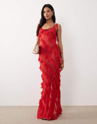 Miss Selfridge Vestito lungo da mare rosso con volant e scollo asimmetrico sulla schiena