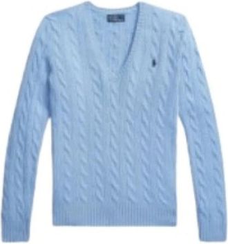 Polo Ralph Lauren Pullover van wol en kasjmier met V-hals en kabels - Dames - V-hals truien - Blauw - M - Wol - Truien & Vesten