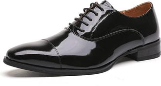 Generic Formal Dress Shoes for Men Lace Up Cap Square Toe Shiny Cowhide Resistant Non Slip Anti-Slip Block Heel Rubber Sole Prom(7.5 UK) Black