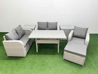 Fimous High Back Poly Rattan Garden Furniture Set w/ Reclining Chair Loveseat Sofa Rectangular Dining Table Indoor Outdoor Patio Set Big Stool 2 Side