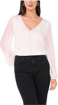 Vince Camuto V-Neck Chiffon Sleeve Blouse w/ Rhinestone Trim Womens Clothing New Ivory : LG, Polyester