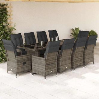 vidaXL Set De Mesa Y Sillas De Jard&iacute;n 11 Pzas Y Cojines Rat&aacute;n Pe Gris Vidaxl