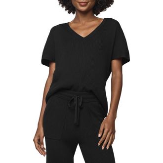 Splendid Georgie V-Neck Short Sleeve Rib Sweater in Black at Nordstrom Rack, Size X-Small