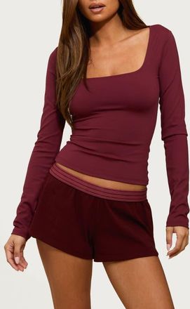 Edikted Hayden Square Neck Long Sleeve Crop Top in Burgundy at Nordstrom, Size X-Small
