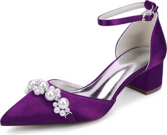 Generic Bridal Shoes Womens Block Heel Pearl Satin Closed Pointed Toe Low Heel Pump Party Wedding Dress Shoes 4.5Cm,Dark Purple,10 UK